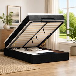 Stylish Ottoman Bed with Mattress in Black Fabric