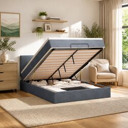 Double Grey Velvet Ottoman Bed with Storage Lift Base