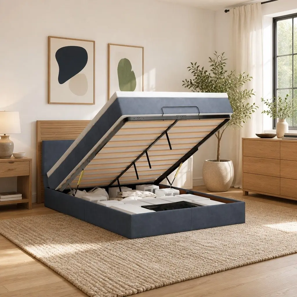 Ottoman Bed Grey Queen Velvet Pocket Spring Mattress Storage Lift Base