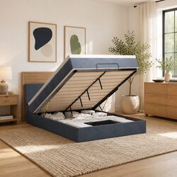 Velvet Ottoman Bed with Pocket Spring Mattress - Grey Queen
