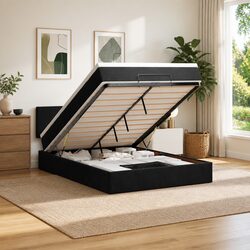 Queen Black Velvet Ottoman Bed with Lift Storage and Mattress