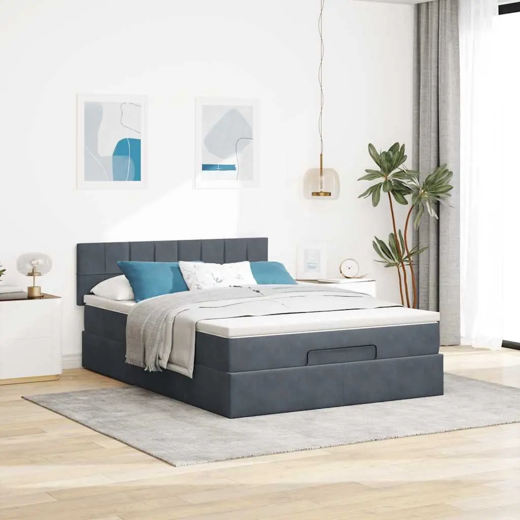 Ottoman Bed Grey Velvet Double with Mattress Storage Lift-Up Frame