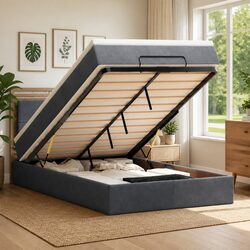 King Single Ottoman Bed with Pocket Spring Mattress in Grey Velvet