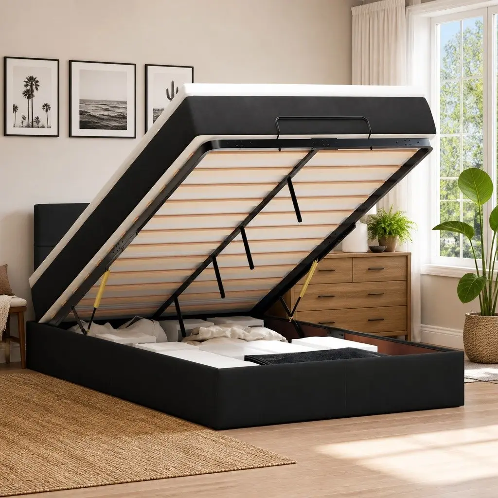 Ottoman Bed Black Velvet King Single Storage Lift Frame with Pocket Spring Mattress