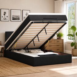 King Single Black Velvet Ottoman Bed with Mattress