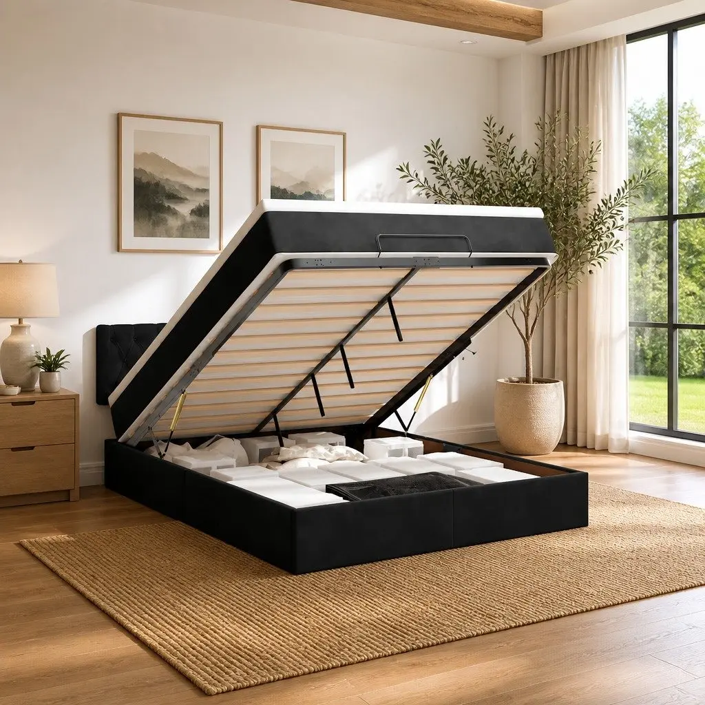 Double Ottoman Bed Black Velvet 4ft6 Pocket Spring Mattress Storage Lift Base