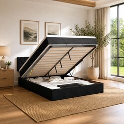 Black Velvet Double Ottoman Bed with Pocket Spring Mattress