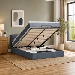Grey Velvet Queen Ottoman Bed with Pocket Spring Mattress