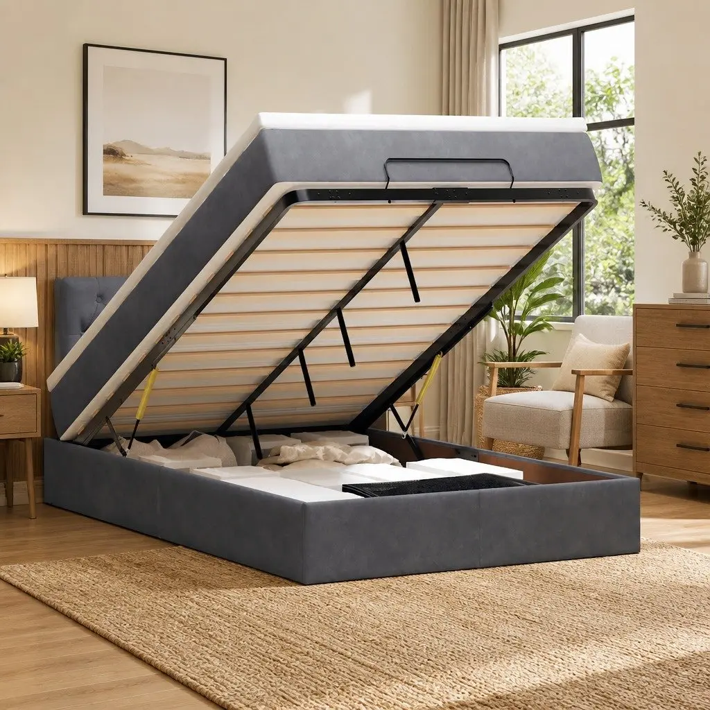 Ottoman Bed King Single Grey Velvet with Pocket Spring Mattress and Hydraulic Lift Storage Mechanism