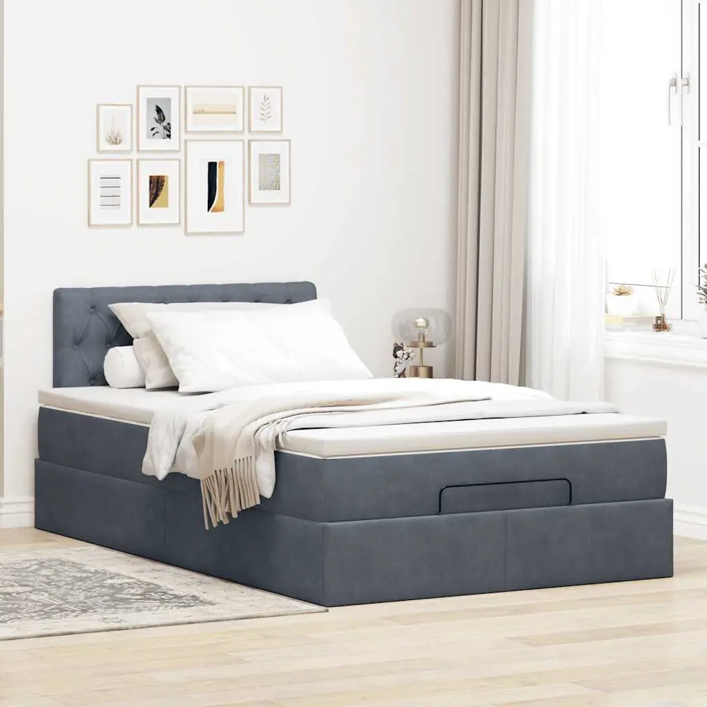 Ottoman Bed King Single Grey Velvet with Pocket Spring Mattress and Hydraulic Lift Storage Mechanism