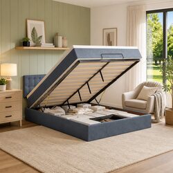 Double Ottoman Bed with Grey Velvet Pocket Spring Mattress