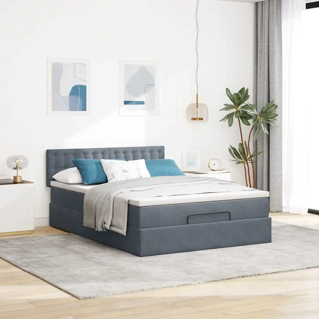 Queen Bed Grey Velvet Ottoman with Pocket Spring Mattress Hydraulic Lift Storage
