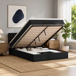 Double Black Faux Leather Ottoman Bed with LED
