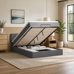 Double Ottoman Bed in Grey Fabric with Pocket Spring Mattress