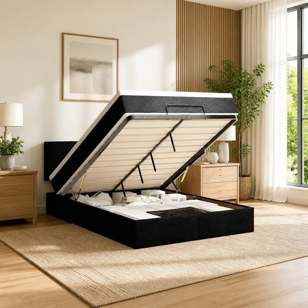 Double Ottoman Bed Black Fabric Pocket Spring Mattress with LED Lights