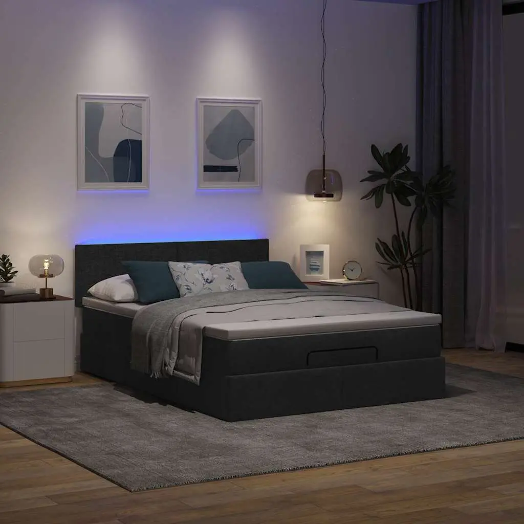 Double Ottoman Bed Black Fabric Pocket Spring Mattress with LED Lights