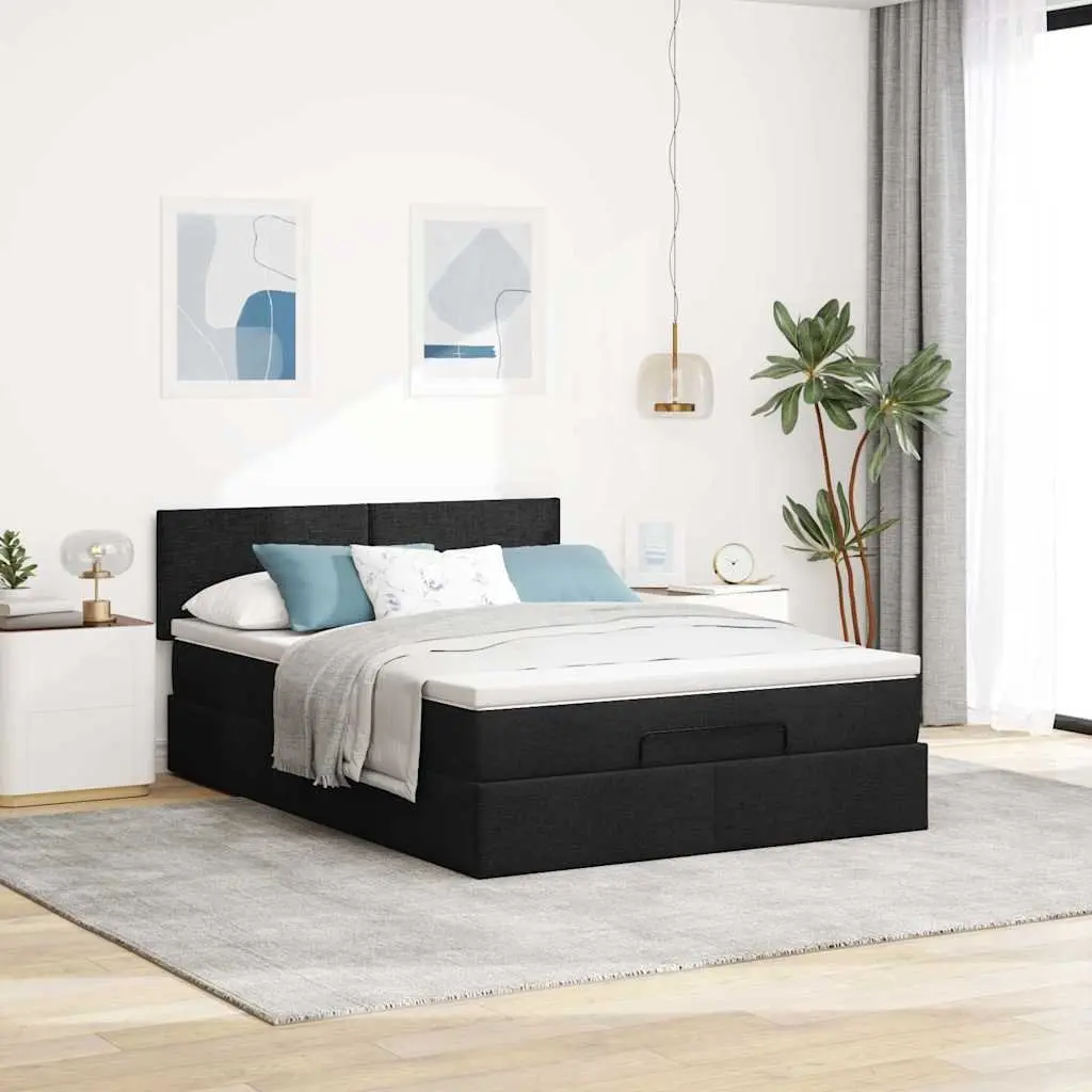 Double Ottoman Bed Black Fabric Pocket Spring Mattress with LED Lights
