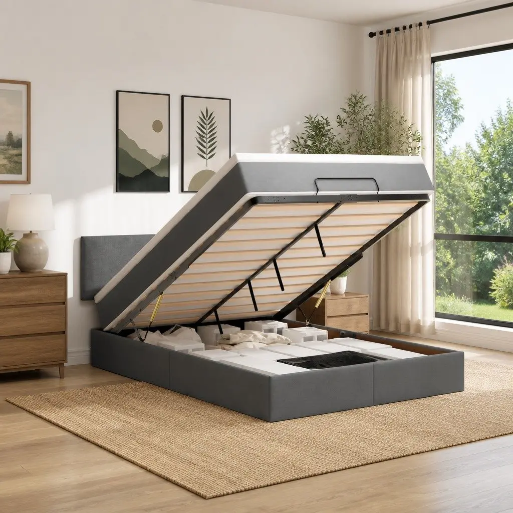 Ottoman Bed Queen Grey Fabric Pocket Spring Mattress with LED Lights and Under-bed Storage
