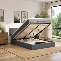 Queen Grey Fabric Ottoman Bed with Pocket Spring Mattress
