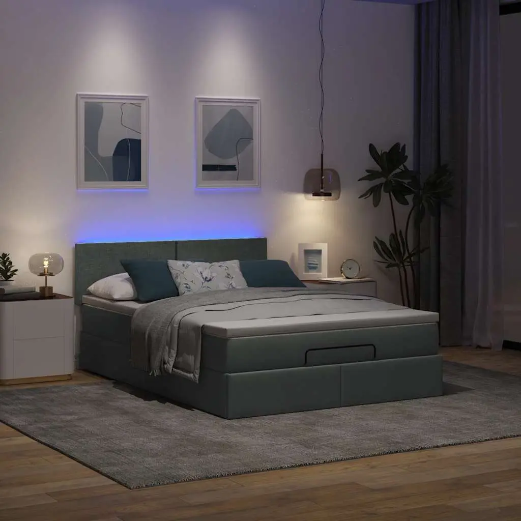 Ottoman Bed Queen Grey Fabric Pocket Spring Mattress with LED Lights and Under-bed Storage