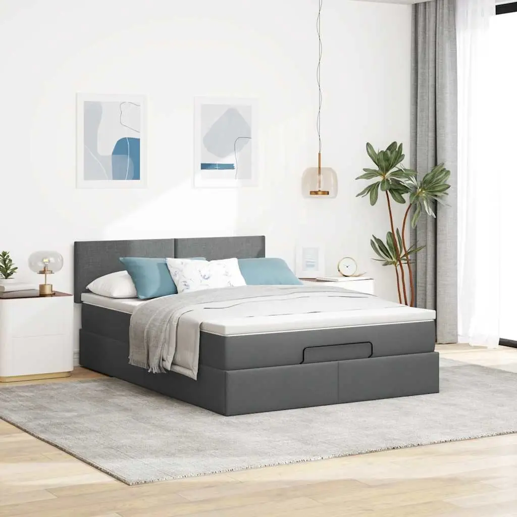 Ottoman Bed Queen Grey Fabric Pocket Spring Mattress with LED Lights and Under-bed Storage