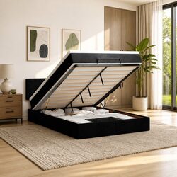 Queen Size Black Fabric Ottoman Bed with Storage and LED
