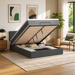 Double Grey Fabric Ottoman Bed with Storage and LED Lights