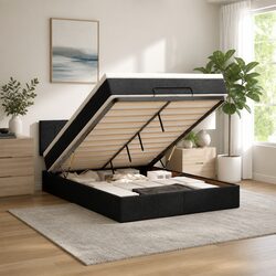 Double Black Fabric Ottoman Bed with Storage and Mattress