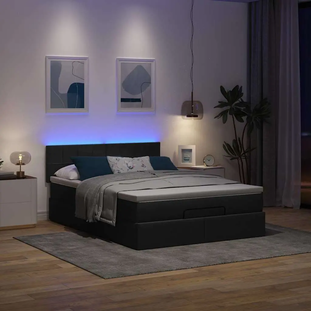 Double Ottoman Bed with Pocket Spring Mattress Black Fabric LED Lights Storage