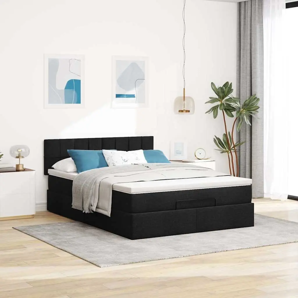 Double Ottoman Bed with Pocket Spring Mattress Black Fabric LED Lights Storage
