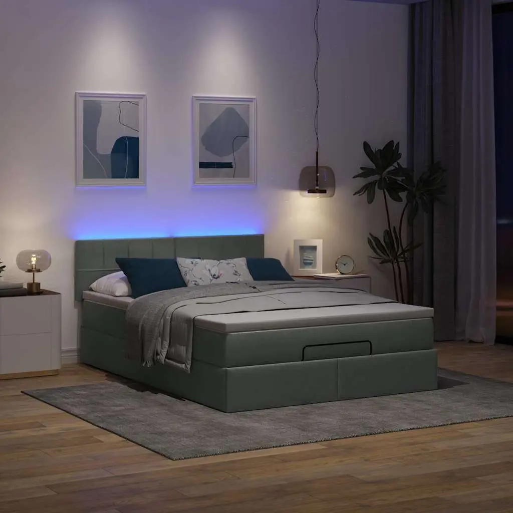 Queen Ottoman Bed Grey Fabric Pocket Spring Mattress with LED Lights