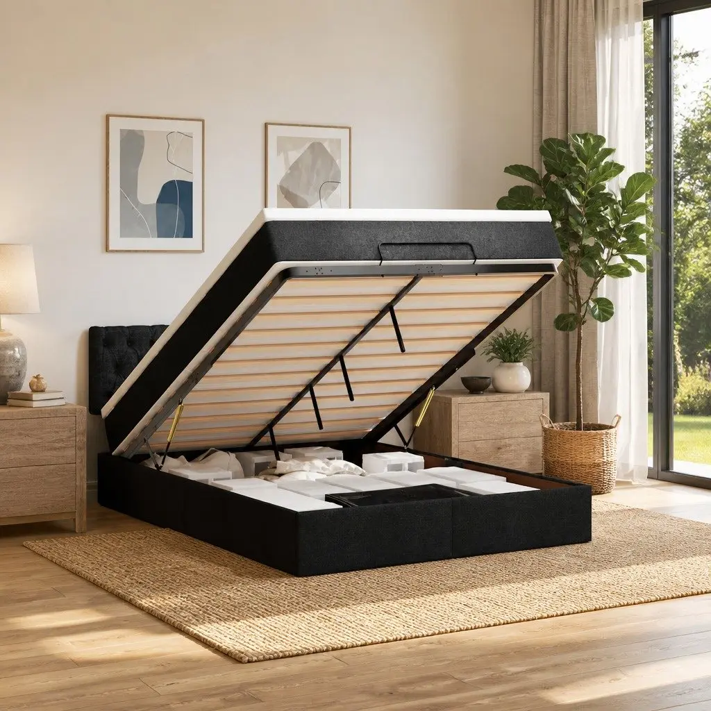 Double Ottoman Bed Black Fabric Pocket Spring Mattress with LED Lights