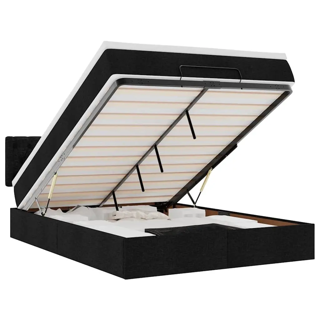 Double Ottoman Bed Black Fabric Pocket Spring Mattress with LED Lights
