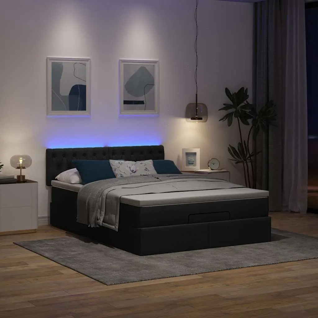 Double Ottoman Bed Black Fabric Pocket Spring Mattress with LED Lights