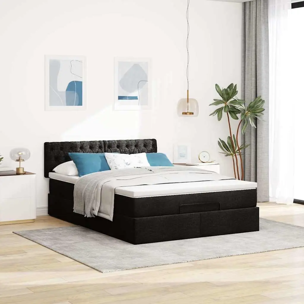 Double Ottoman Bed Black Fabric Pocket Spring Mattress with LED Lights