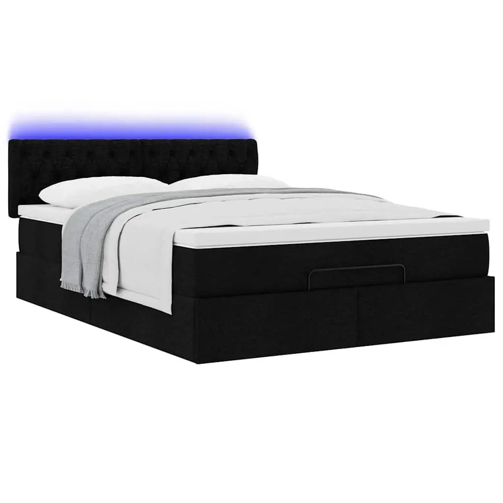 Double Ottoman Bed Black Fabric Pocket Spring Mattress with LED Lights