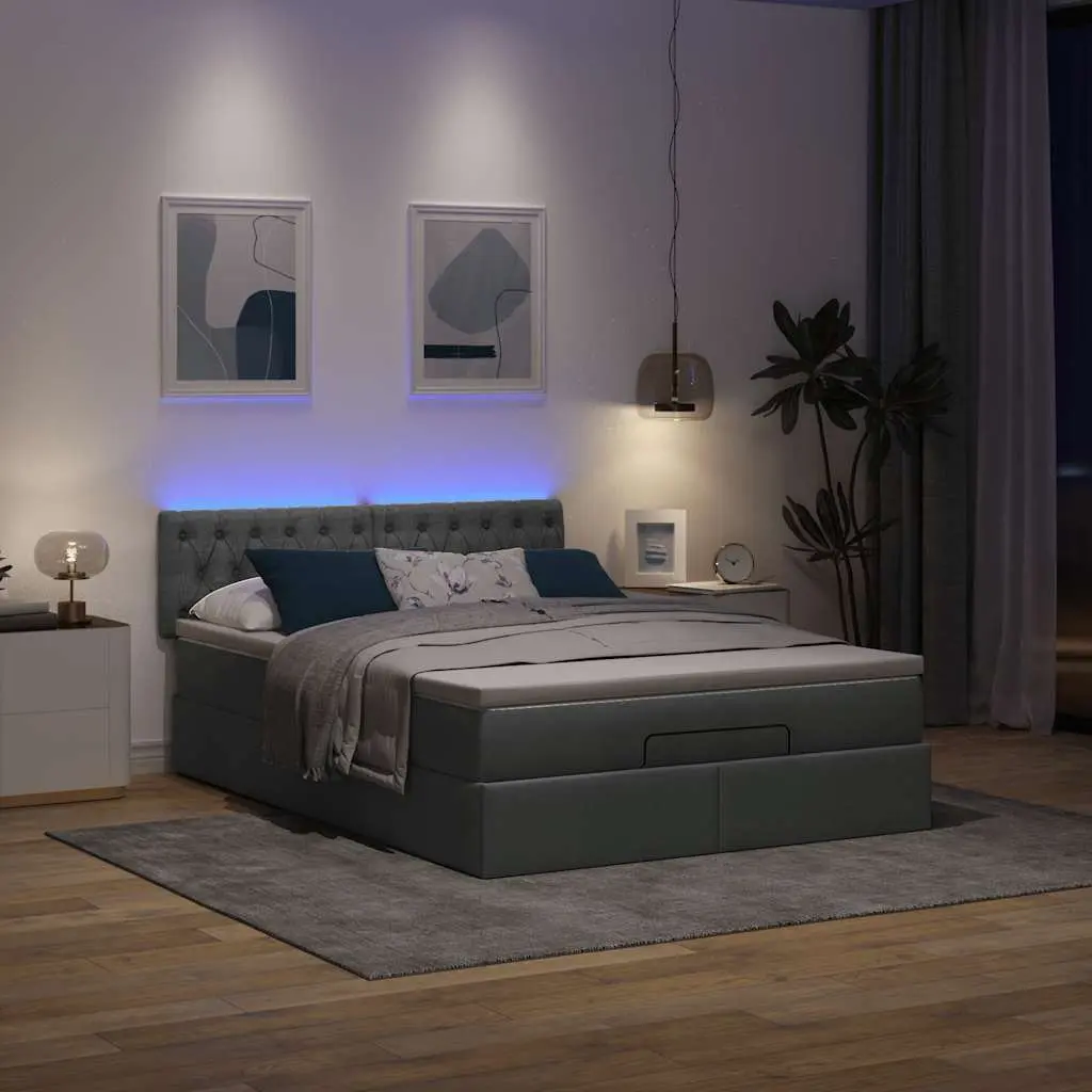 Ottoman Bed Grey Queen Size Pocket Spring Mattress with LED Lights Storage