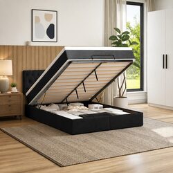 Queen Ottoman Bed with Pocket Spring Mattress and LED Lights