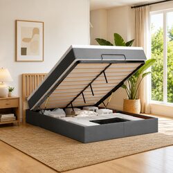 Grey Fabric Double Ottoman Bed with Storage & Lights