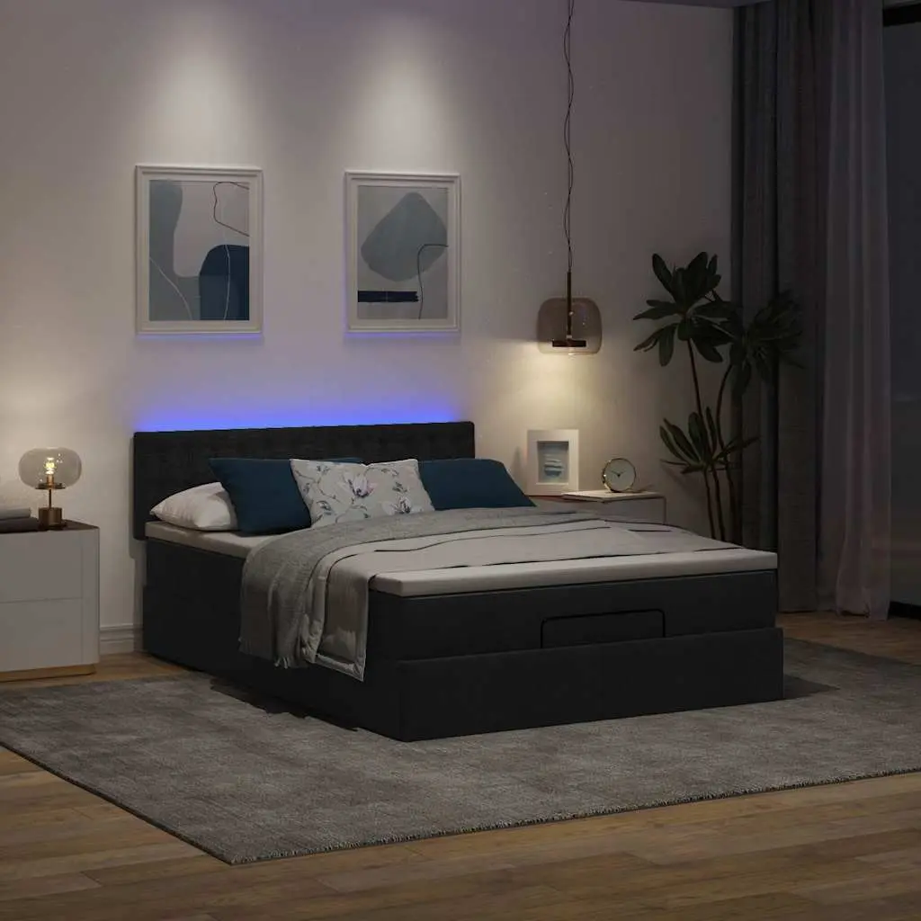 Ottoman Bed Black Fabric Double with Pocket Spring Mattress LED Lights Storage