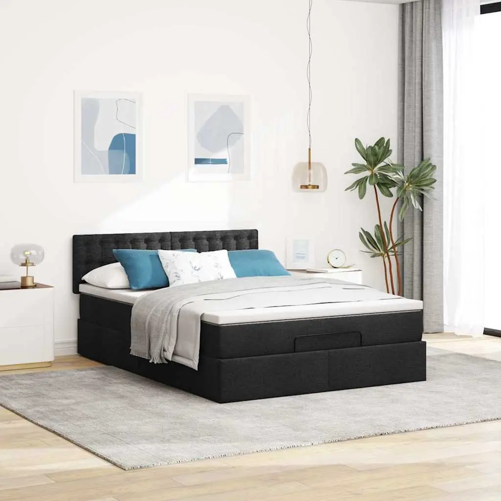 Ottoman Bed Black Fabric Double with Pocket Spring Mattress LED Lights Storage