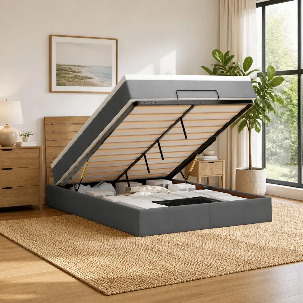 Ottoman Bed Grey Fabric Queen Size with Pocket Spring Mattress and LED Lights