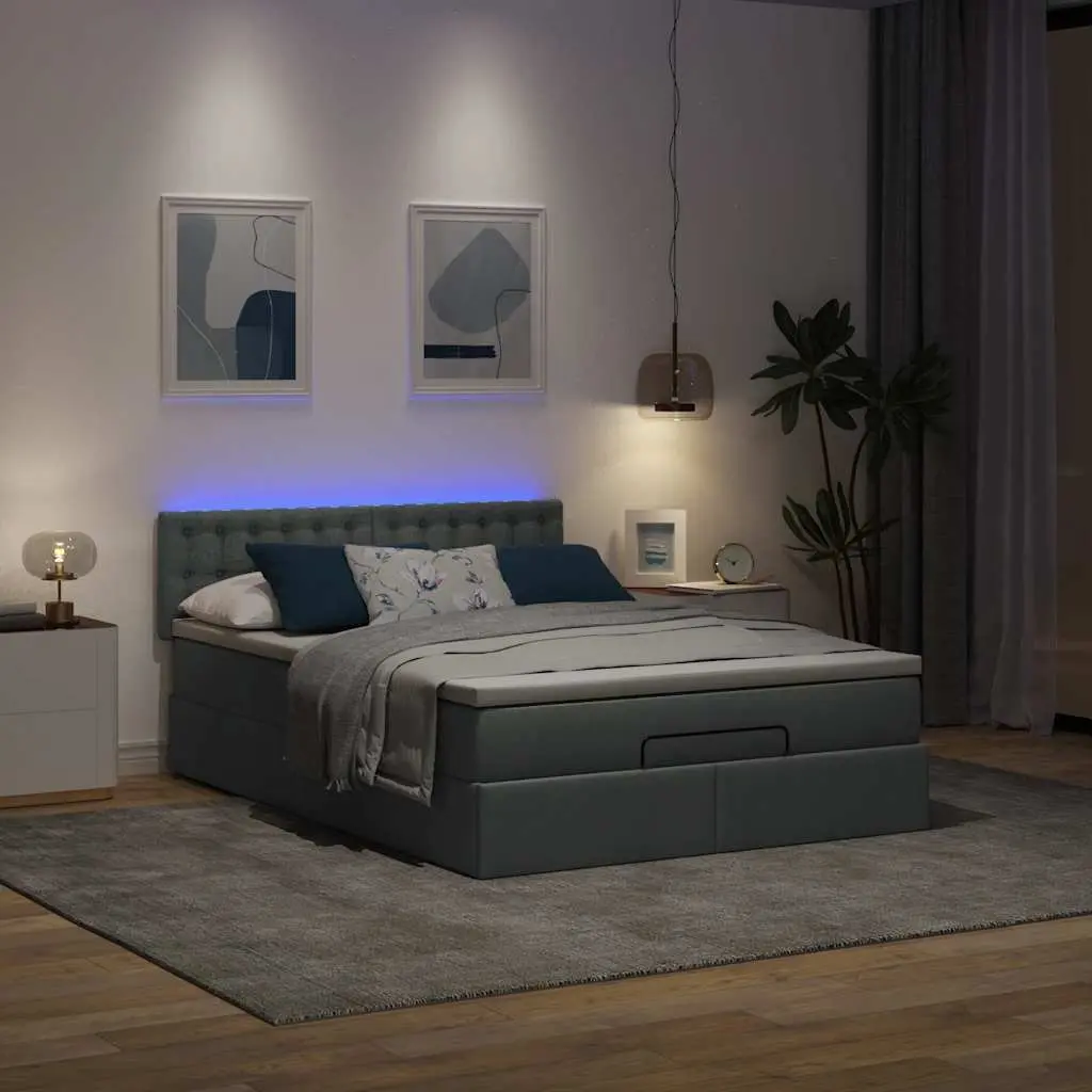 Ottoman Bed Grey Fabric Queen Size with Pocket Spring Mattress and LED Lights