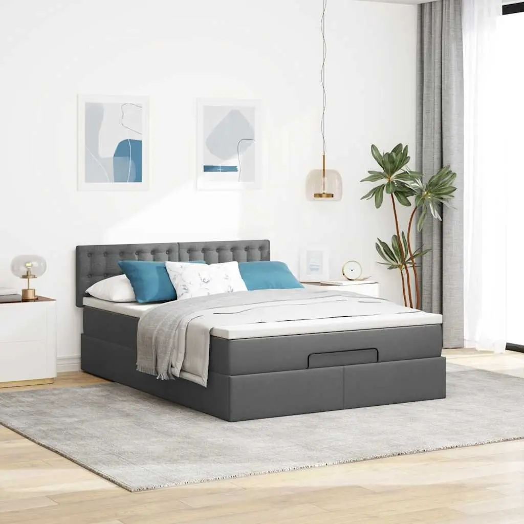 Ottoman Bed Grey Fabric Queen Size with Pocket Spring Mattress and LED Lights