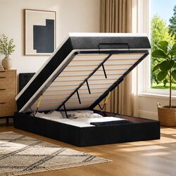King Single Ottoman Bed in Black Fabric with LED Lights