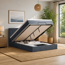 Double Ottoman Bed in Grey Velvet with LED Lighting