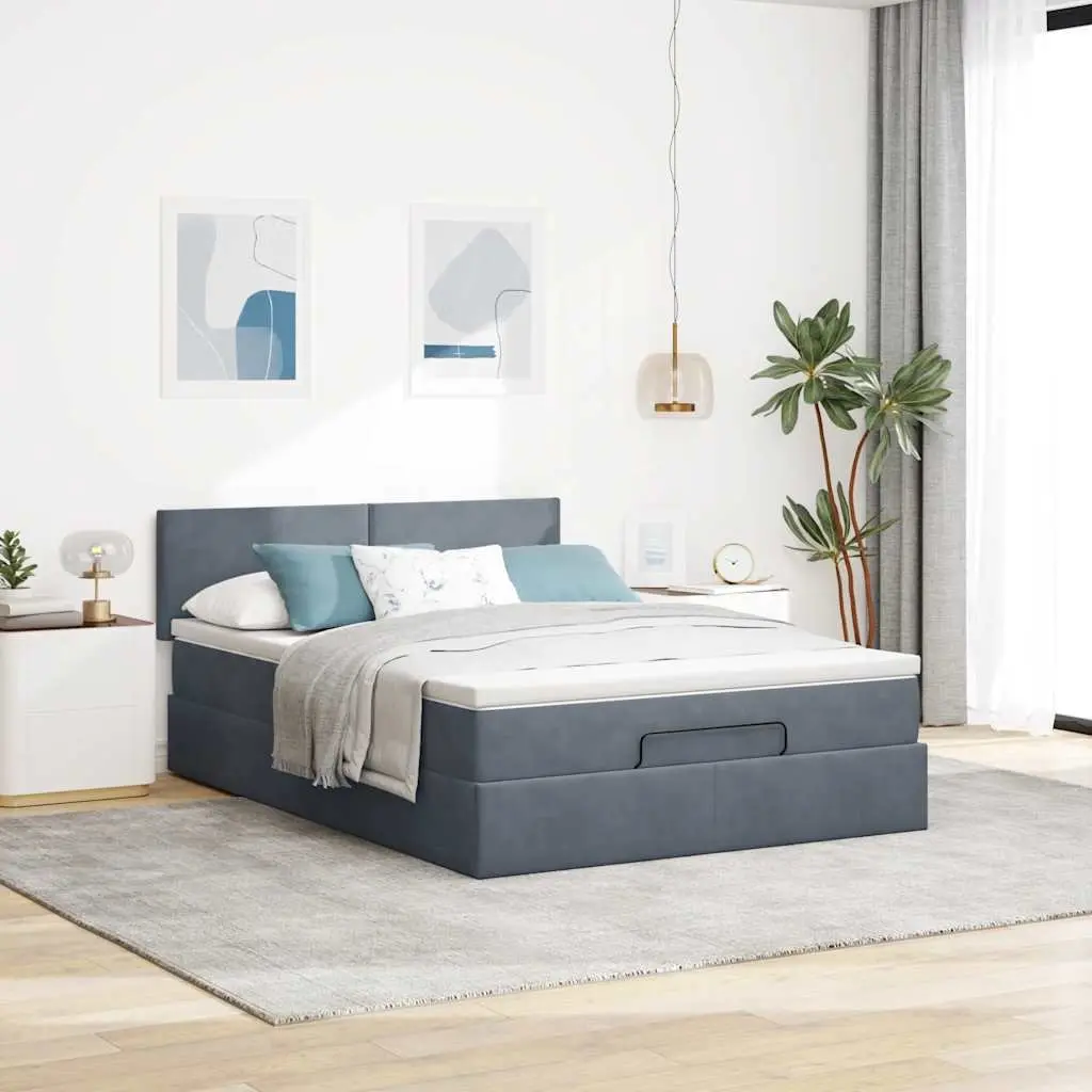 Ottoman Bed Grey Velvet Double with Pocket Spring Mattress Hydraulic Lift Storage LED