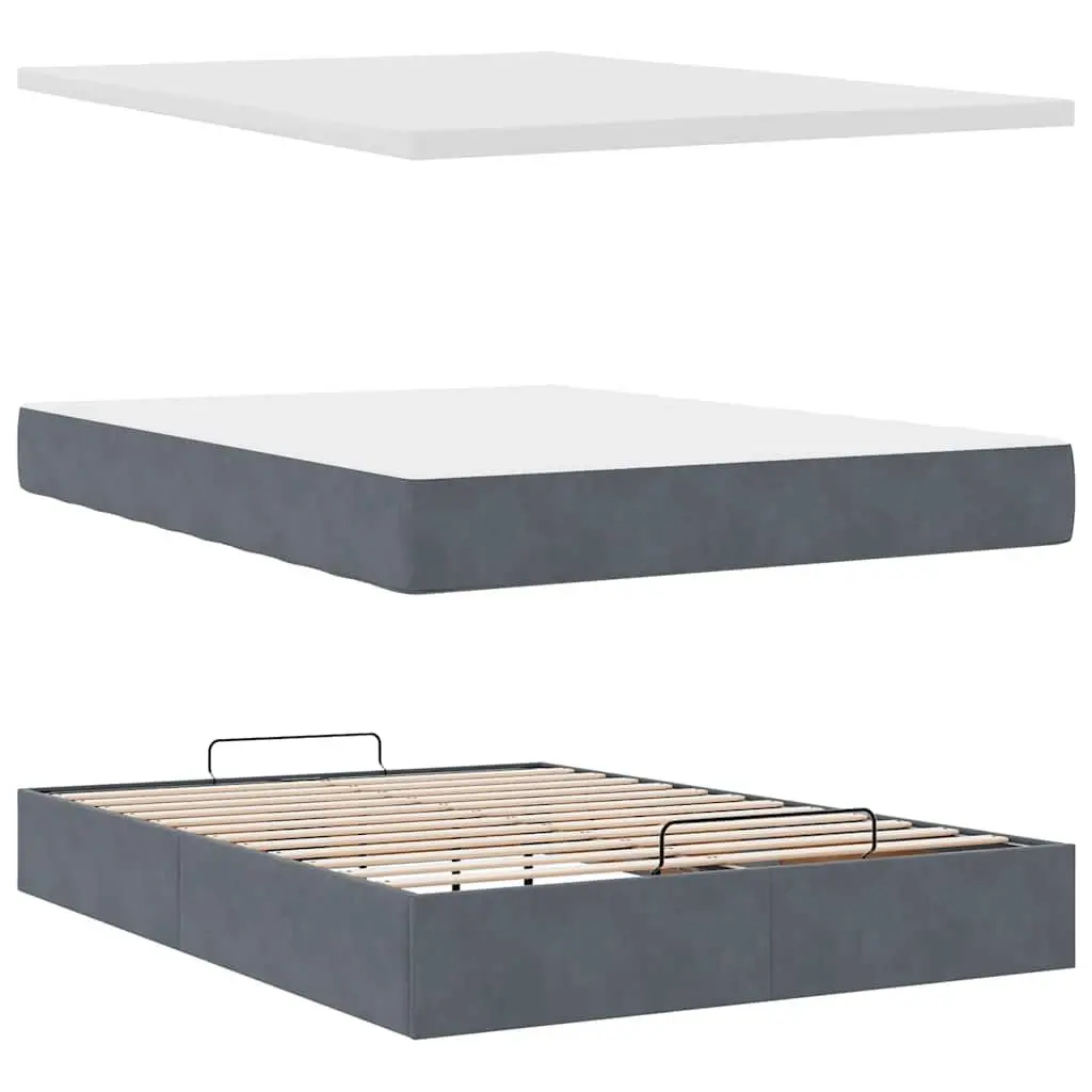 Ottoman Bed Grey Velvet Double with Pocket Spring Mattress Hydraulic Lift Storage LED