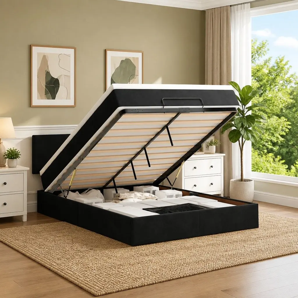 Ottoman Bed Black Velvet Double Pocket Spring Mattress with LED Lights and Hydraulic Lift Storage