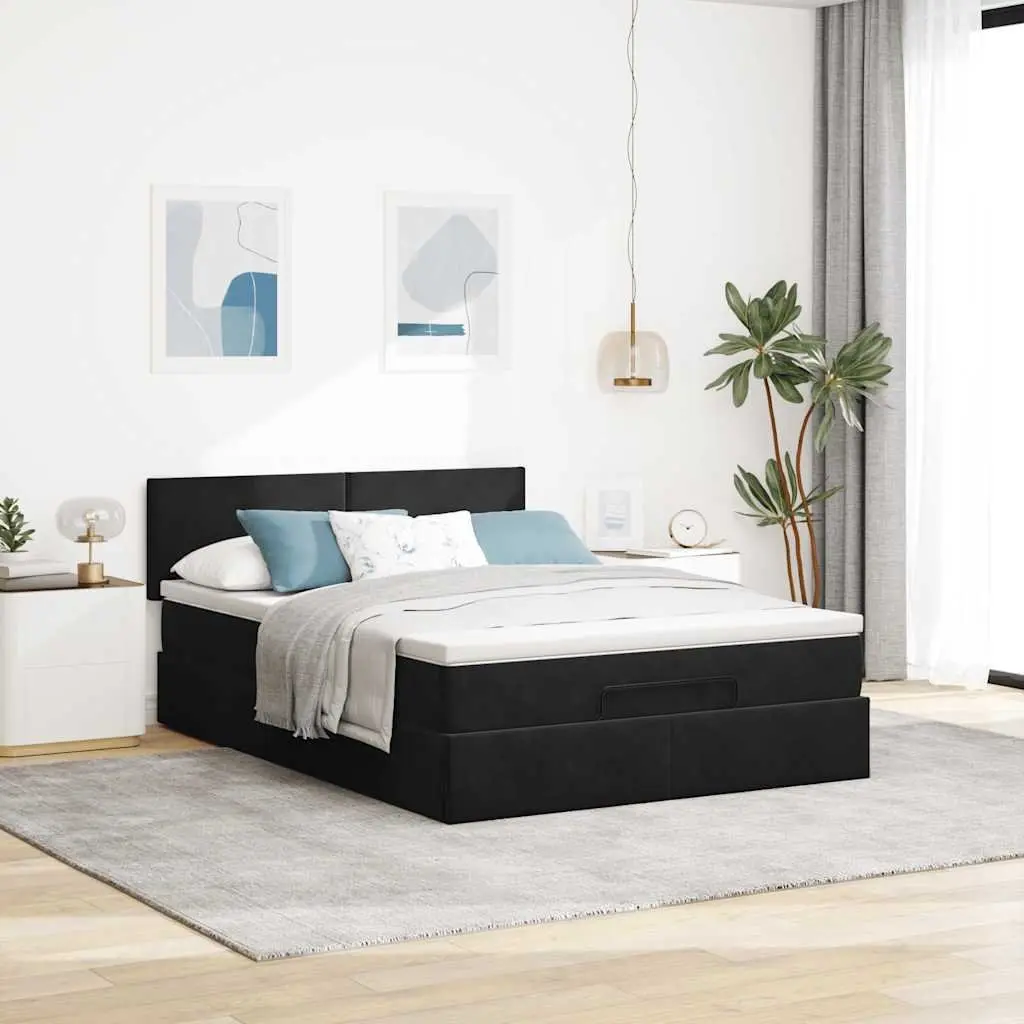 Ottoman Bed Black Velvet Double Pocket Spring Mattress with LED Lights and Hydraulic Lift Storage